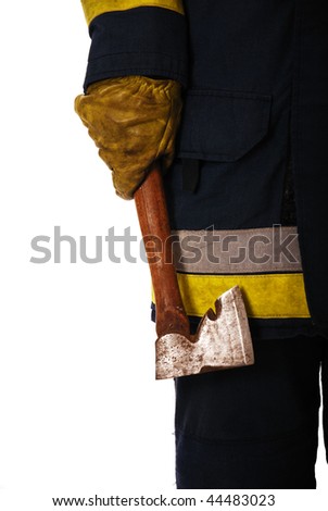Firefighter holding axe isolated on white