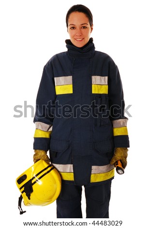 stock photo : Portrait of a female firefighter isolated on white
