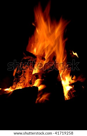 Closeup of a campfire on a black background