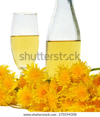 Dandelion Wine in glass and bottle