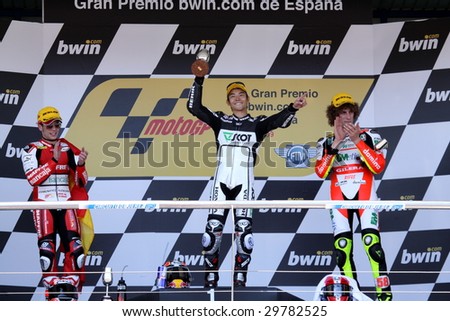 JEREZ - MAY 3 :(L - R) Alvaro Bautista, Hiroshi Aoyama and Marco Simoncelli at the prize giving ceremony of the GP betandwin.com of Spain, May 3, 2009 in Jerez de la Frontera, Spain.