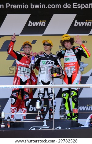 JEREZ - MAY 3 :(L - R) Alvaro Bautista, Hiroshi Aoyama and Marco Simoncelli at the prize giving ceremony of the GP betandwin.com of Spain, May 3, 2009 in Jerez de la Frontera, Spain.