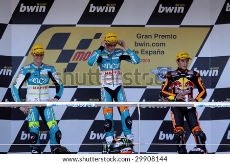 JEREZ - MAY 3 :(L - R) Sergio Gadea, Bradley Smith and Marc Marquez at the prize giving ceremony of the 125cc GP betandwin.com of Spain, May 3, 2009 in Jerez de la Frontera, Spain.