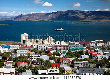 Aerial view of Reykjavik, capital of Iceland, from the top of the Hallgrimskirkja church