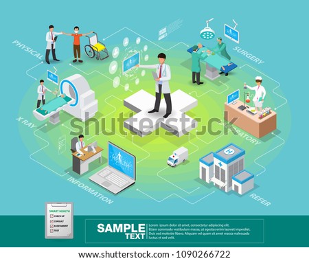 Isometric smart health and medical 3d design illustration - track your health condition through devices network control.