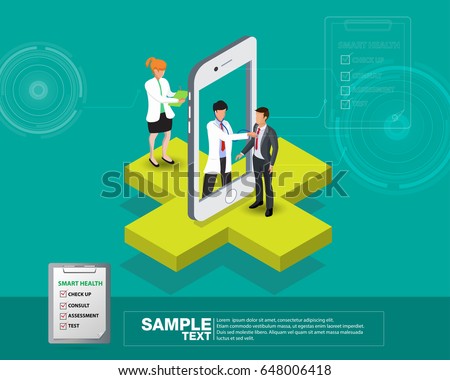 Isometric smart mobile health 3d design illustration - track your health condition through devices