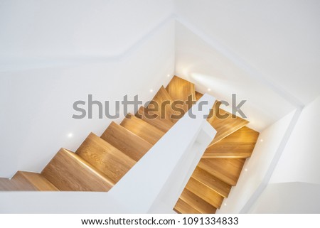 modern, minimalist, wooden staircase with white walls