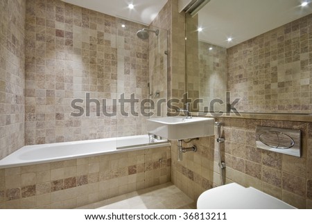 Natural Stone Bathroom Designs on Modern Bathroom With Natural Floor To Ceiling Stone Tiles Stock Photo