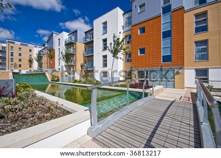 contemporary development with water feature and landscaped gardens
