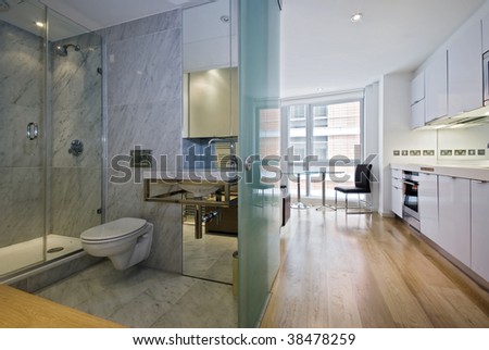 a kitchen, diner and bathroom view of a studio flat