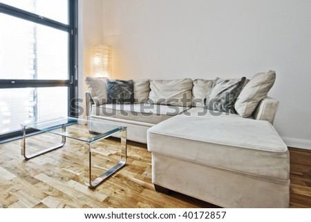 Living Room Windows on Living Room With Gray Sofa Bed And Floor To Ceiling Window Stock Photo