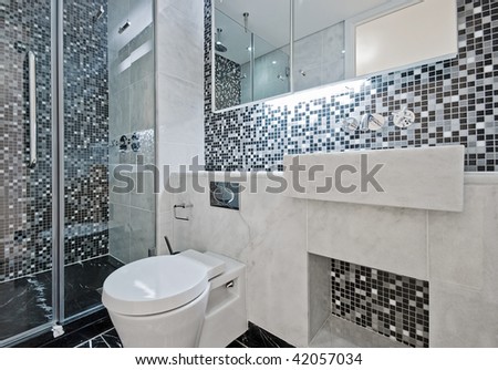 Tile Bathroom Floor on Modern Luxury Bathroom With Floor To Ceiling Mosaic Tiles Stock Photo