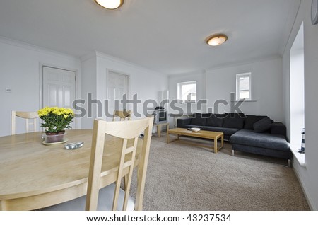 modern open plan living room with dining table