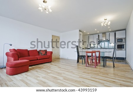 contemporary open plan living room with kitchen view and dining table