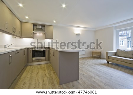 modern open plan kitchen with hard wood floor