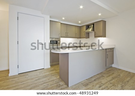 modern open plan kitchen with smart counter and built in electric appliances