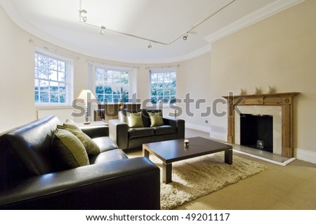 Contemporary Furniture  Area on Photo   Massive Living Room With Bay Window And Contemporary Furniture
