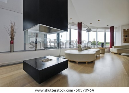 Modern Living Room Designs on Luxury Penthouse Living Room With Modern Fireplace Stock Photo