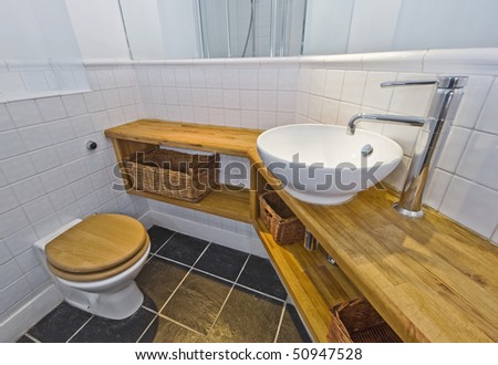 modern luxury bathroom with hard wood shelves and bowl shape sink