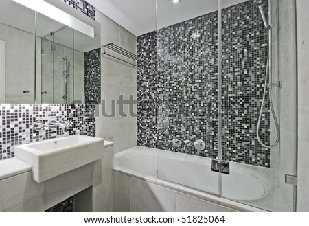 Modern Luxury Bathroom With Large Bath Tub And Mosaic Tiles Stock ...