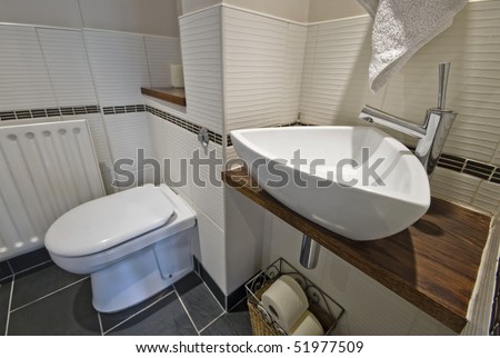 modern designer rest room with white ceramic suite and hard wood elements