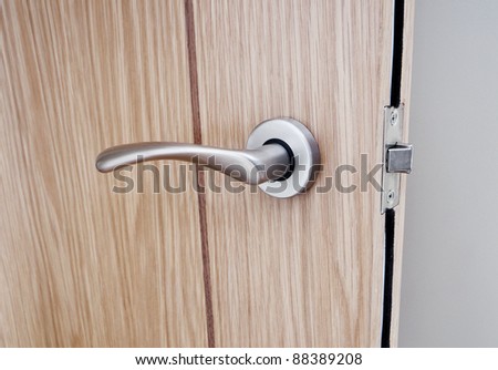 modren style door handle on natural wooden door