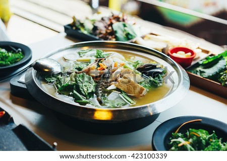 Korean Seafood Tofu Soup, Korea: MAY 7, 2016: Korean barbecue and meat roast in Korean refers to the Korean method of roasting beef, pork, chicken, or other types of meat.
