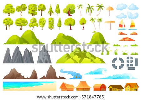 Vector.  Isolated cartoon landscape constructor set with sample palms reefs waves beach umbrellas boats trees houses hills road rocks mountains grass flowers clouds river for combining banners