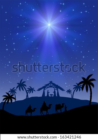 Christian Christmas scene with shining star illustration Christian Christmas scene with shining star illustration