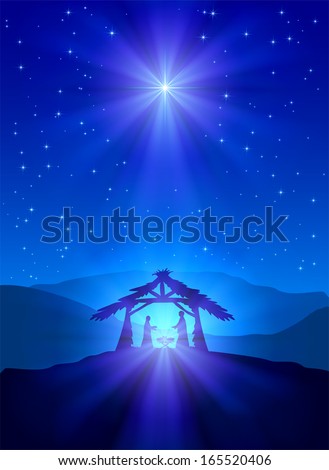 Christian Christmas Night With Shining Star And Jesus, Illustration.