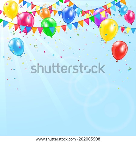 Colorful birthday balloons pennants tinsel and confetti on sky background illustration Colorful birthday balloons pennants tinsel and confetti on sky background illustration