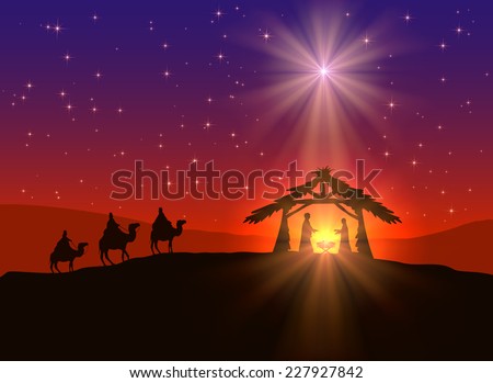 Abstract background, Christian Christmas scene with shining star in the sky, birth of Jesus, and wise men on camels, illustration. This is EPS10 file. Illustration contains a transparency blends.