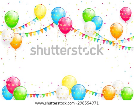 Holiday background with Birthday balloons, pennants, streamers and multicolored confetti, illustration.