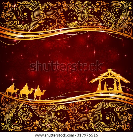 Christian Christmas scene with golden floral elements on red background, illustration