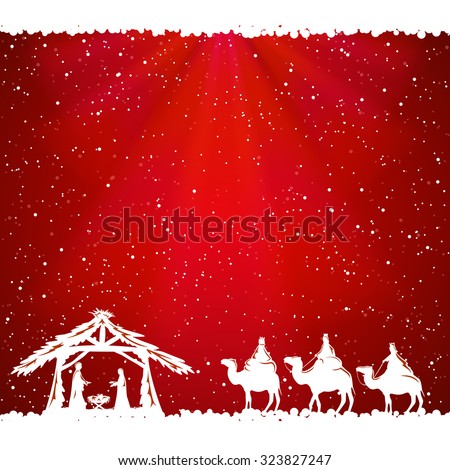 Christian Christmas scene on red background, illustration.