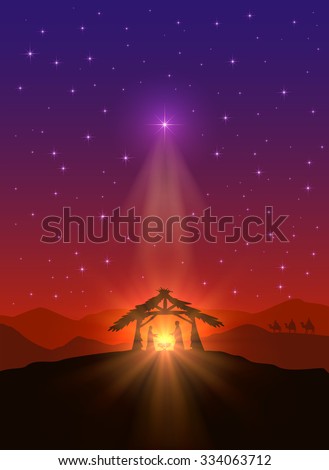 Christian background with Christmas star, birth of Jesus and three wise men, illustration.