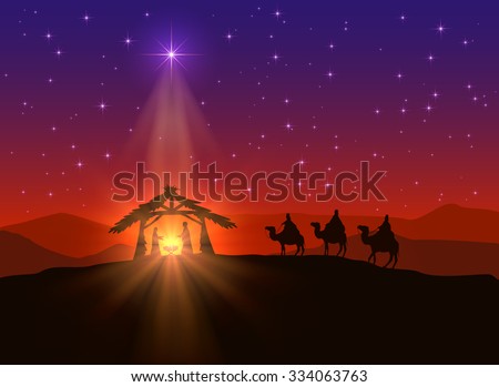 Christian background with Christmas star and birth of Jesus, illustration.