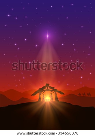 Christian background with Christmas star, birth of Jesus and three wise men, illustration.