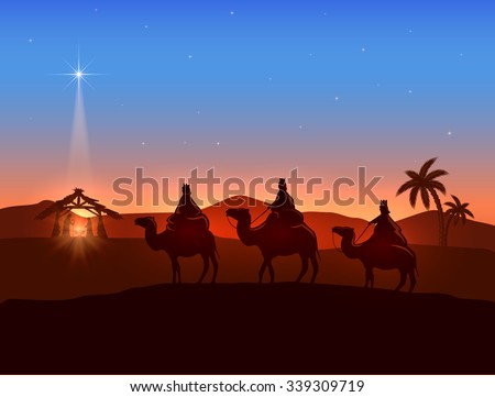 Christian Christmas background with three wise men and shining star, birth of Jesus, illustration.