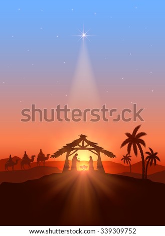 Christian Christmas background with shining star, birth of Jesus, illustration.