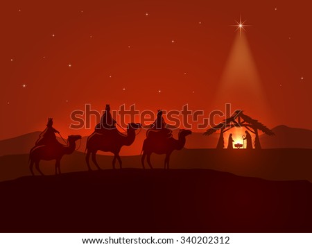 Christian Christmas night, shining star, three wise men and the birth of Jesus, illustration.