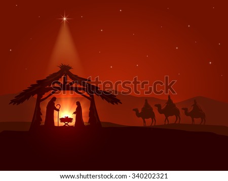 Christian theme, Christmas star and the birth of Jesus, illustration.