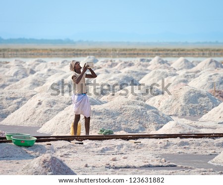 SAMBHAR, INDIA - NOV 19: Worker drinks water in salt farm on Nov 19, 2012 in Sambhar Salt Lake, India. It is India\'s largest saline lake and where salt has been farmed for a thousand years.