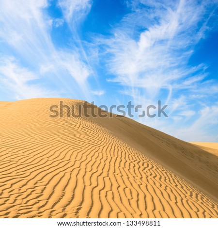 Gold sand dunes in desert at sunset. Thar desert or Great Indian desert.