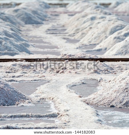 Salt piles in salt farm on Sambhar Salt Lake, India. It is India\'s largest saline lake and it produces 196 k tonnes of clean salt every year.