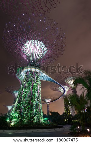 SINGAPORE - 31 DEC, 2013: Gardens by the Bay night view with amazing illumination. Supertree Grove and light show is popular Marina Bay Sands tourist attraction