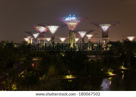SINGAPORE - 31 DEC, 2013: Gardens by the Bay night view with amazing illumination. Supertree Grove and light show is popular Marina Bay Sands tourist attraction