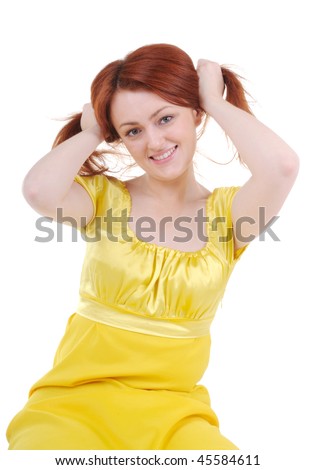  yellow dress plays with her red 