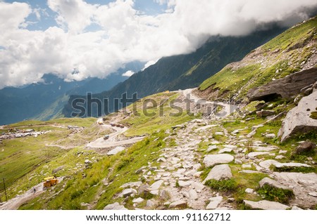 Zigzag road in mountains, Himalayas, Rohtang Pass, North India