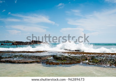 Beautiful stones and coral in the waves under blue sky